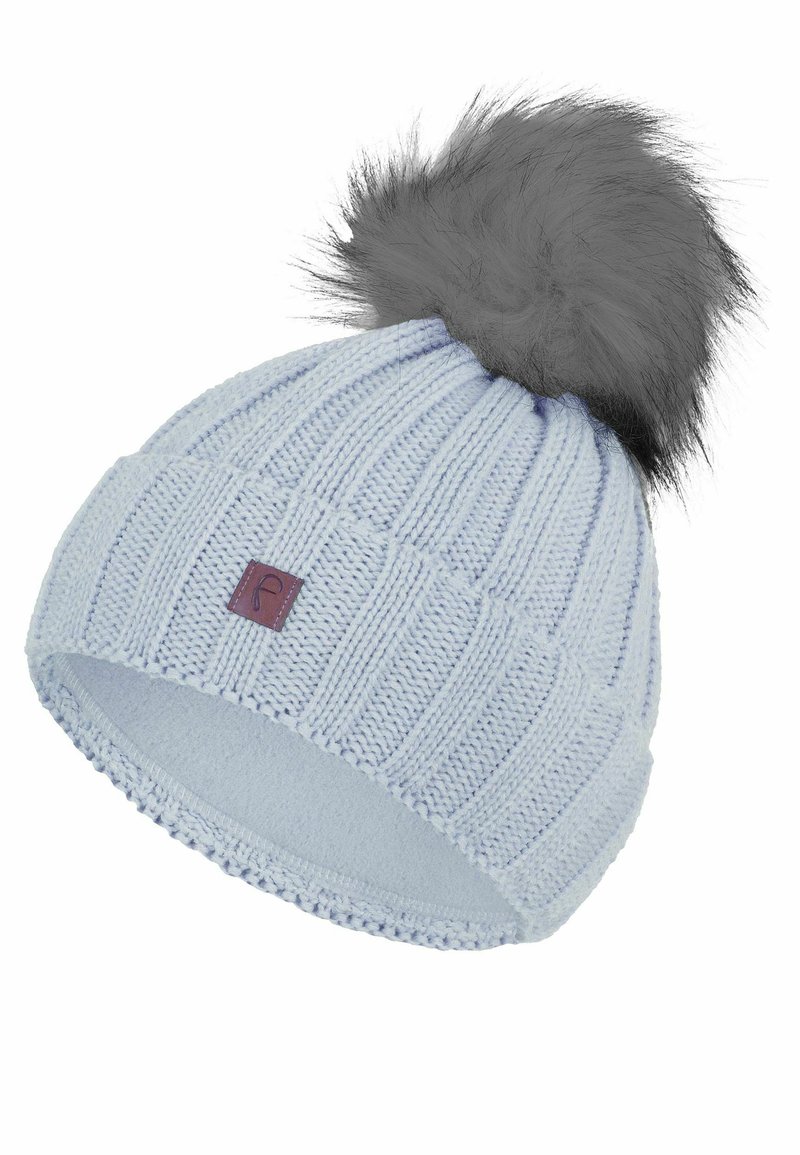 Light blue knitted hat with ribbed texture, featuring a grey faux fur pom-pom on top and a small brown brand tag on the side.