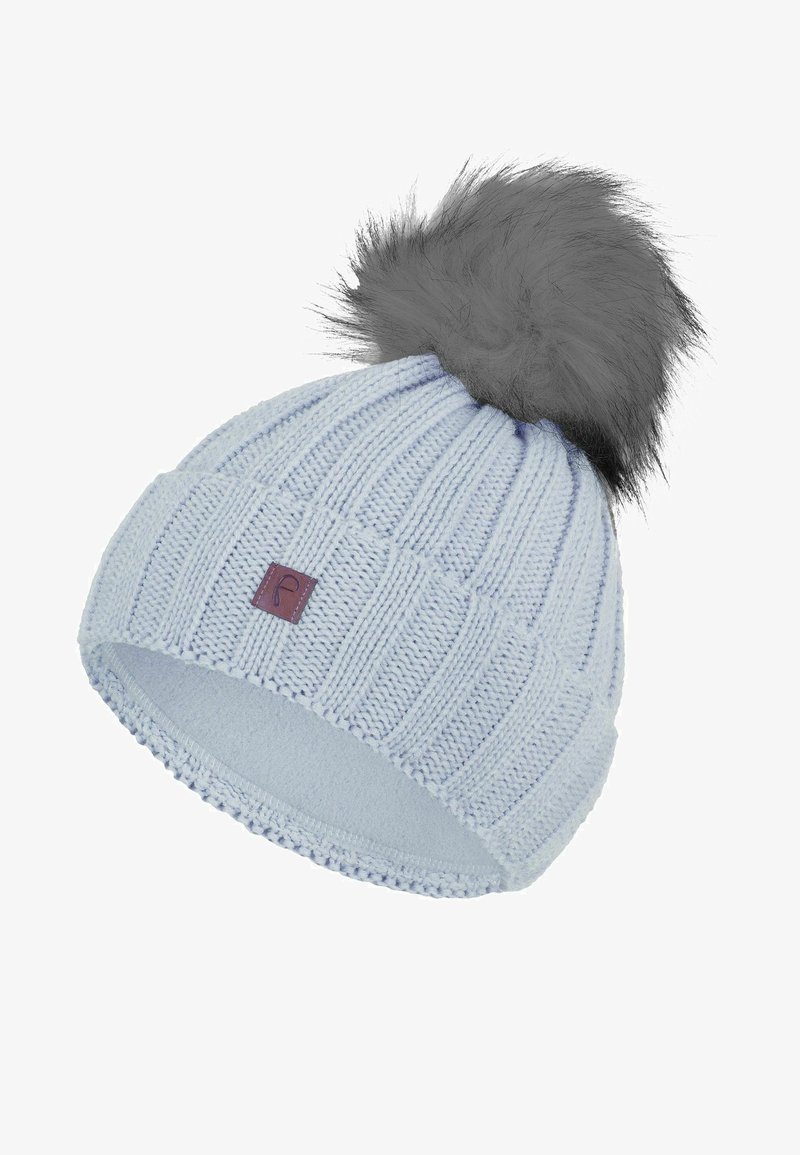 Light blue knitted hat with ribbed texture, featuring a grey faux fur pom-pom on top and a small brown brand tag on the side.