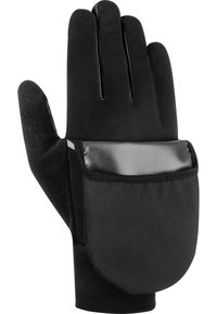 Schwarze Handschuhe aus weichem Stoff, mit fünf Fingern, einer strukturierten Handfläche und einem glatten, glänzenden Akzent auf der Rückseite mit einer Tasche.
