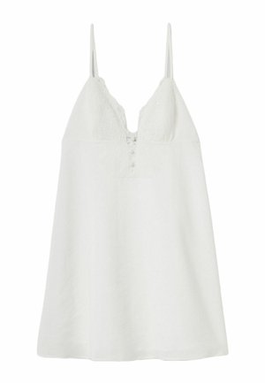 Vestido blanco sin mangas tipo lencería con tirantes finos, detalle de encaje en el busto y pequeños botones en el centro delantero.