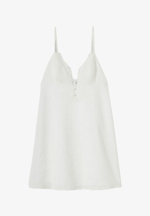 Vestito bianco senza maniche con spalline sottili, dettaglio in pizzo sul busto e piccoli bottoni nella parte centrale davanti.