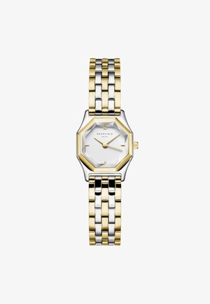 Reloj de pulsera de acero inoxidable bicolor, en oro y plata, con una cara blanca octagonal que presenta marcadores de hora simples y un acabado texturizado.