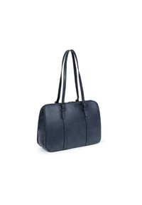 Borsa tote in effetto pelle sintetica blu navy con due manici lunghi, chiusura con zip e tre dettagli di cucitura verticale sul davanti. Texture liscia.