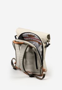 Light beige backpack with a roll-top design, featuring leather accents, multiple interior pockets, and durable fabric; adjustable straps visible.