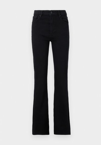 Black flared jeans made of cotton blend fabric. Features a button closure, belt loops, and two front pockets for practical use.