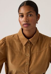 Brown corduroy shirt with a button-up front, pointed collar, and pleated shoulder details. Features small, round buttons and ribbed texture.