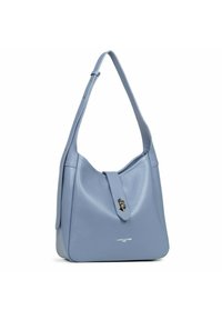 Lichtblauwe leren handtas met een gladde textuur, een enkele strap en een magnetische sluiting met een metallic accent. Logo onderaan weergegeven.
