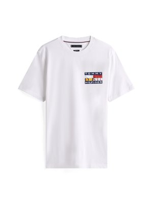 Hvit bomulls t-skjorte med et fargerikt, rektangulært grafisk motiv med teksten "TOMMY HILFIGER". Korte ermer og rund hals.