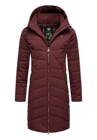 Giacca imbottita bordeaux con zip frontale, cappuccio e due tasche laterali. Presenta un design trapuntato e una fodera interna a motivi. Dettagli in hardware bronzo.