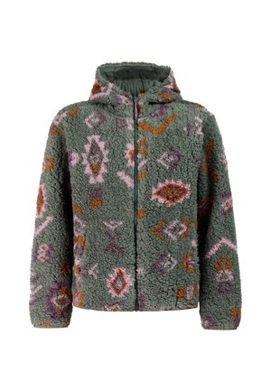 Green hooded fleece jacket with full front zipper and abstract geometric patterns in pink, orange, and purple colors.