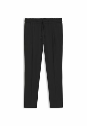 Schwarze Hose mit elastischem Bund und Kordelzug. Figurbetonte Passform mit Seitentaschen und einem glatten, leichten Stoff.