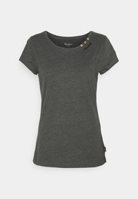 Mörkgrå t-shirt med kort ärm i mjukt material, med rundad halsringning, accentuerade med träknappar och en liten logotyp på axeln.