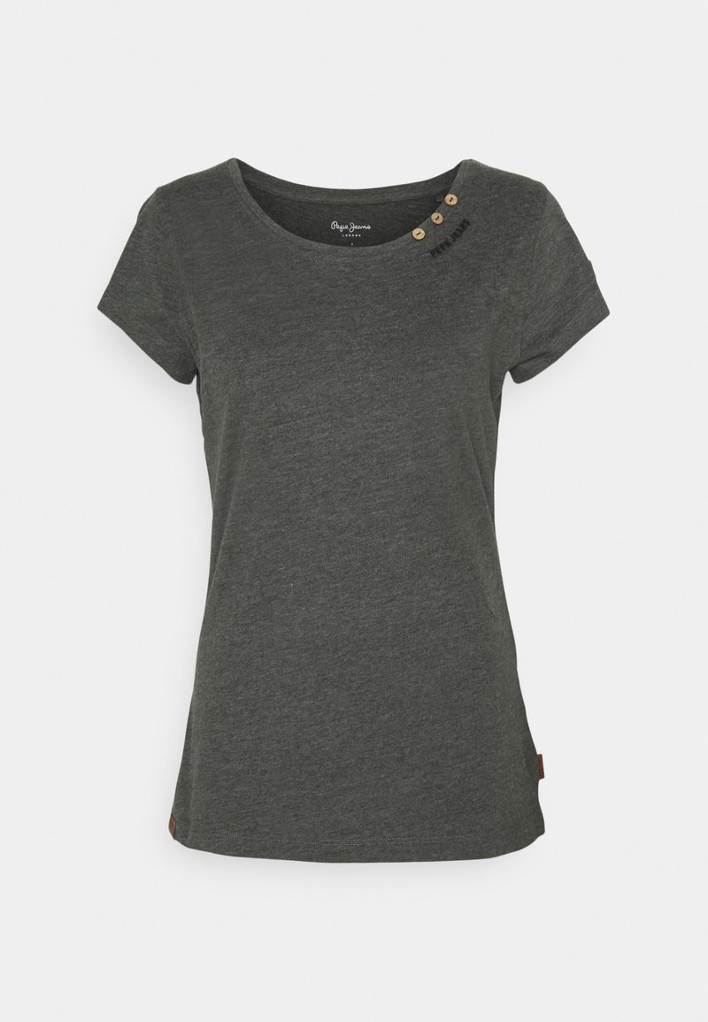 Mörkgrå t-shirt med kort ärm i mjukt material, med rundad halsringning, accentuerade med träknappar och en liten logotyp på axeln.