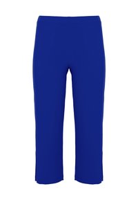 Blauwe capri-broeken met een gladde textuur, elastische tailleband en zijsplitten aan de zoom. Gemaakt van rekbaar materiaal voor comfort.