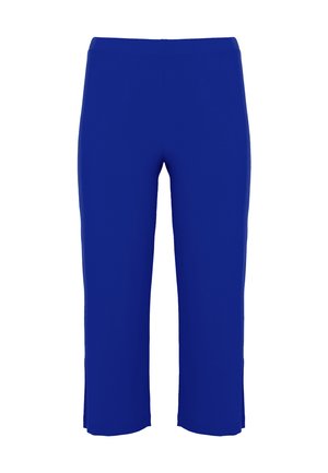 Blaue Capri-Hosen mit glatter Textur, elastischem Bund und seitlichen Schlitzen am Saum. Hergestellt aus dehnbarem Material für zusätzlichen Komfort.