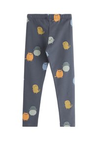 Grå leggings lavet af blødt stof med farverige tegneserie-dyr i gul, orange, grøn og blå i et legende mønster.