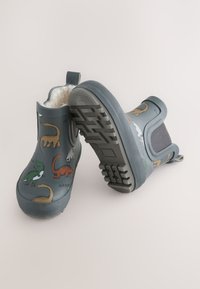 Bottes en caoutchouc grises ornées d'illustrations colorées de dinosaures, avec un intérieur en fourrure, des semelles texturées et une tirette pour un enfilage facile.