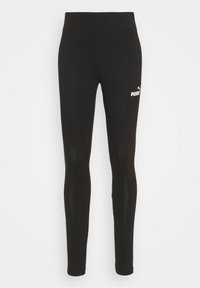 Leggings sportivi neri realizzati in tessuto elasticizzato con una texture liscia. Presentano una vita alta e un logo Puma bianco sulla coscia sinistra.