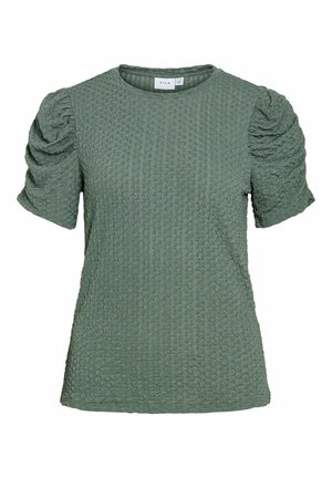 Groen textuur kort mouwen blouse met opgeblazen, geplooide mouwen en een ronde halslijn.