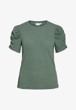 Green textured short-sleeve blouse with puffed, ruched sleeves and a round neckline.