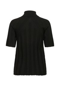 Čierny krátky rukávový rebrovaný sveter s vysokým stojatým golierom, vertikálnymi a uhlovými rebrovanými vzormi a priliehavým strihom, zobrazený zozadu.
