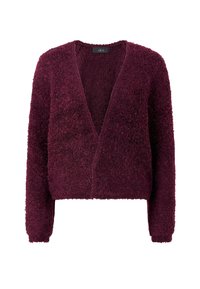 Bordeauxrode, vilten cardigan met lange mouwen, open voorkant, gestructureerde stof en cropped ontwerp. Zacht, pluizig materiaal met een casual stijl.