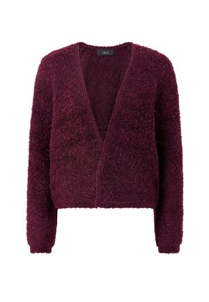 Bordeauxrode, vilten cardigan met lange mouwen, open voorkant, gestructureerde stof en cropped ontwerp. Zacht, pluizig materiaal met een casual stijl.