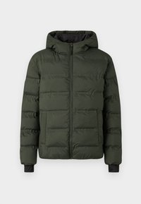 Giacca imbottita verde oliva con zip frontale, cappuccio incorporato, due grandi tasche frontali e polsini neri all'interno delle maniche.