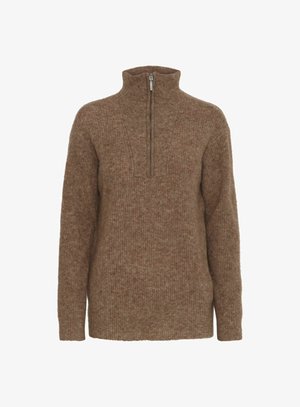 Pruun, soonitud sviiter kõrge kraega ja poolteega, millel on tekstureeritud viimistlus ja mugav lõige.