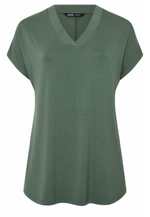 Grünes, kurzärmeliges, locker sitzendes V-Ausschnitt-Top mit einfachem Design und leicht ausgestelltem Saum, aus weichem Stoff gefertigt.