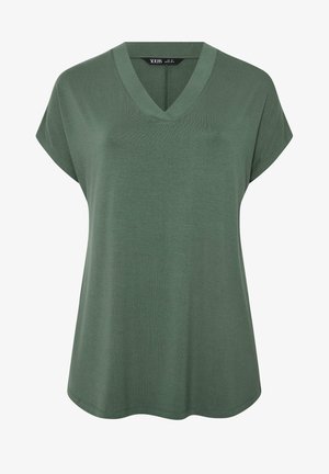 Grünes, kurzärmeliges, locker sitzendes V-Ausschnitt-Top mit einfachem Design und leicht ausgestelltem Saum, aus weichem Stoff gefertigt.