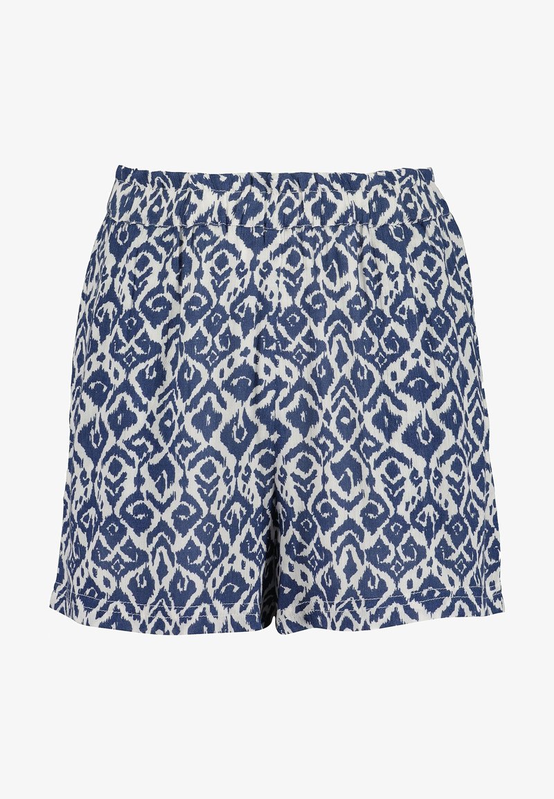 Short en coton avec taille élastique, présentant un motif ikat abstrait bleu et blanc et une coupe ample.
