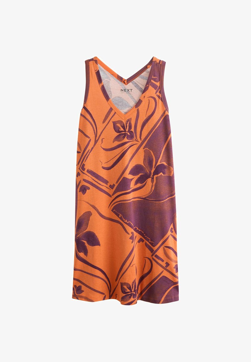 Vestido sin mangas con escote en V de color naranja con patrones florales morados y bloques abstractos, de longitud media y ajuste holgado.
