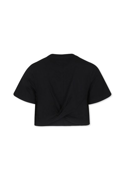 T-shirt cropped nero in cotone con maniche corte e dettaglio posteriore annodato. Tessuto morbido con un design classico a girocollo.