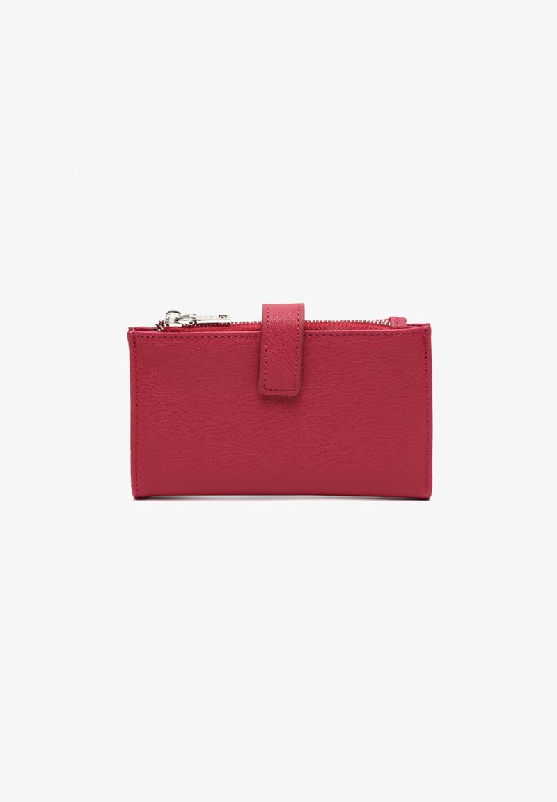 Pink leather wallet with a textured finish, featuring a top zip closure and a front tab with snap closure. Compact rectangular shape.