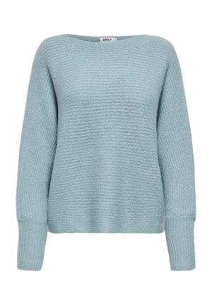 Suéter de punto azul claro con mangas largas, un escote amplio y rayas texturizadas en toda la prenda. Puños y dobladillo acanalados.