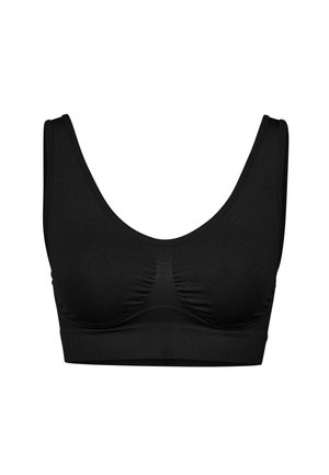 Black, seamless bra with wide straps, smooth texture, and a scoop neckline. Features subtle gathering at the center for a fitted design.