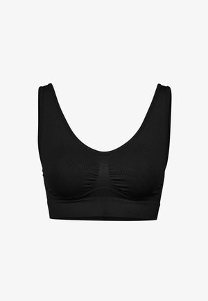 Soutien-gorge noir sans couture avec larges bretelles, texture lisse et encolure dégagée. Présente un léger froncé au centre pour une coupe ajustée.