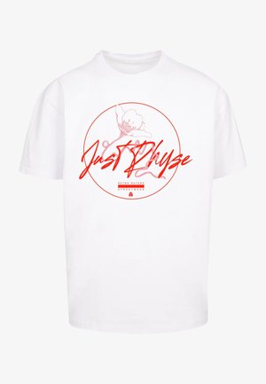 Fehér pamut póló kerek mintával, amelyen egy rózsaszín virág és piros, ívelt betűkkel írt "Just Phyze" felirat szerepel a "Retro Nature Streetwear" szöveg felett.