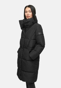 Black puffer coat with a high collar, featuring a quilted texture, snap buttons, and side pockets. Material is smooth and insulated.