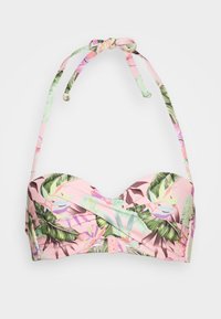 Bikini top s ružovým podkladom, s tropickým listovým a kvetinovým vzorom. Dotiahnuť sa dá pomocou nastaviteľných šnúrok a zapína sa na sponu na chrbte.