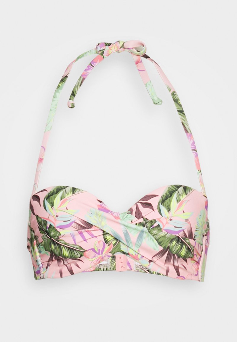 Bikini top with pink base, featuring a tropical leaf and floral pattern. Adjustable ties and a clasp closure at the back.