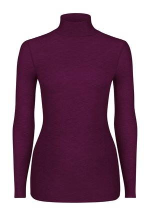 Lila Rollkragenpullover mit langen Ärmeln aus weichem Material und figurbetonter Silhouette. Die Textur wirkt glatt und leicht, ohne Muster oder Akzente.