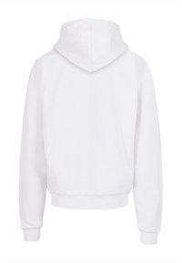 Cropped hoodie bianco realizzato in morbido cotone, dotato di cappuccio con coulisse, maniche lunghe e polsini e orlo a coste. Design semplice, senza motivi.