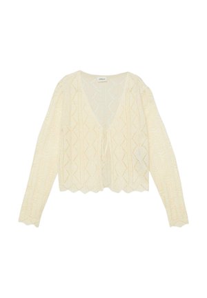 Cremefarbene Strickjacke mit langen Ärmeln, V-Ausschnitt, gezacktem Saum und vorn mit Bindebandverschluss in einem zarten Lochmuster.