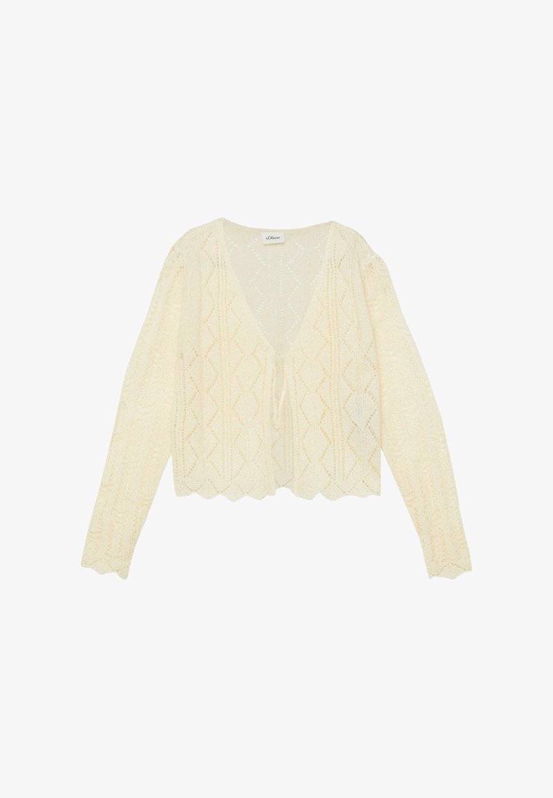 Cardigan en tricot de couleur crème avec manches longues, col en V, ourlet festonné et fermeture à nouer à l'avant présentant un délicat motif ajouré.