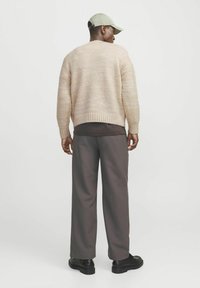 Beige knitted sweater with ribbed cuffs and hem, paired with dark gray pants and black shoes, viewed from the back. Light green cap worn.