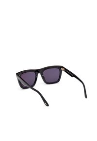 Ochelari de soare negri cu rame dreptunghiulare, lentile întunecate și mantii subțiri negre. Prezintă accente aurii aproape de balamale.