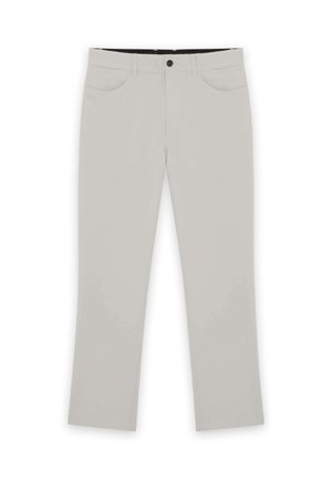 Lysegrå bukser med lige ben, bæltestropper, knap foran og lommer på hvid baggrund.