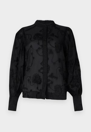Schwarze Bluse mit besticktem Blumenmuster, hohem Kragen, enganliegenden Manschetten und Knopfleiste vorne. Durchscheinender Stoff mit strukturierten Details.